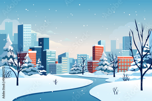 Winter city landscape. Winter cityscape with beautiful buildings in snowy weather. Business district of the city in the winter season. Skyscrapers and office buildings, park with trees and snowdrift.