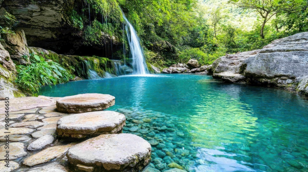 Naklejka premium Tranquil Waterfall Oasis Amidst Verdant Mountains - Serene Nature Landscape with Cascading Water Feature and Lush Foliage Reflections