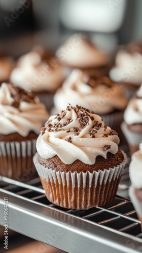 Chocolate Cupcake with Creamy Vanilla Frosting - A delectable chocolate cupcake topped with rich vanilla frosting and chocolate shavings, presented in a bakery display setting.