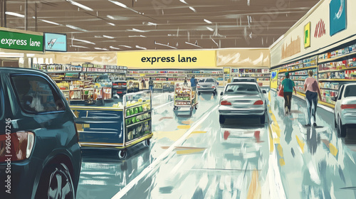 Depict a supermarket or highway scene where an 