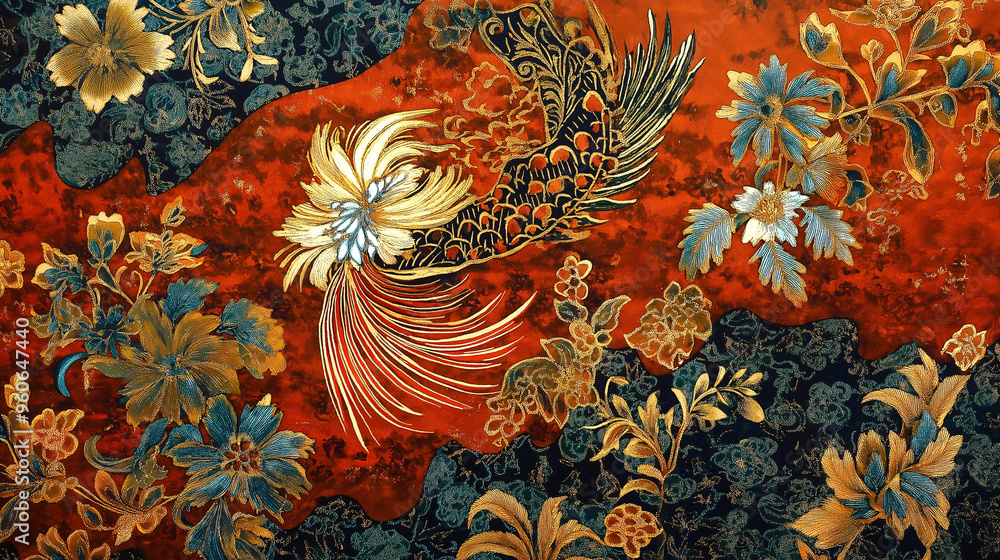 A colourful painting of a bird with a blue and gold background A colourful painting of a bird with a blue and gold background