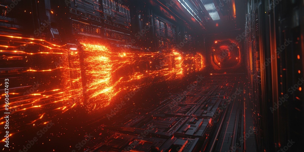Naklejka premium Fiery streaks illuminate a dark futuristic corridor.