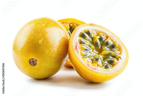 Yellow passion fruit with sliced levitate on white background photo