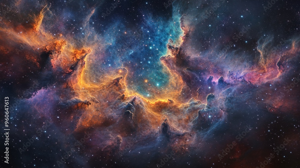 A stunning view of the cosmos, with stars, nebulas, and swirling colors of deep purples and blues A stunning view of the cosmos, with stars, nebulas, and swirling colors of deep purples and blues