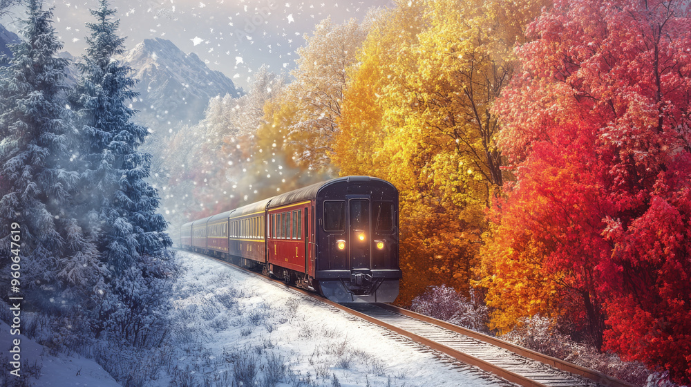 Fototapeta premium Depict a train traveling through different seasons, such as a snowy winter landscape, a blooming spring countryside, or a colorful autumn forest, highlighting the changing scenery of train journeys.