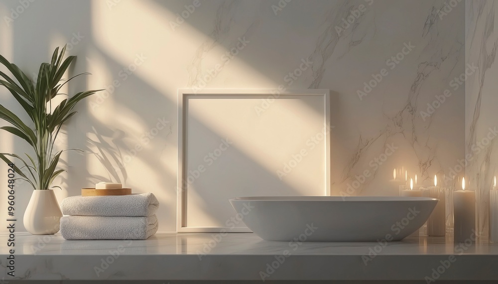 Minimalist Bathroom Interior with White Tub, Candles, and Plant Minimalist Bathroom Interior with White Tub, Candles, and Plant