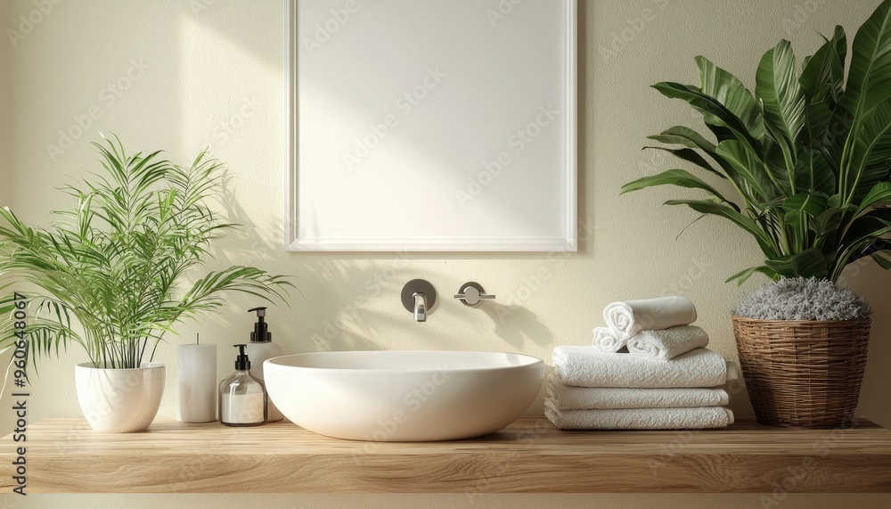 Fototapeta premium Modern Bathroom Interior with White Sink and Plants