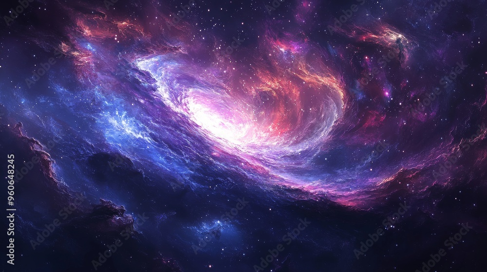 A stunning view of the cosmos, with stars, nebulas, and swirling colors of deep purples and blues A stunning view of the cosmos, with stars, nebulas, and swirling colors of deep purples and blues