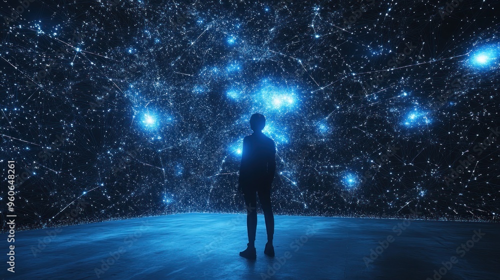 Silhouette of a Person Standing Before a Network of Connected Stars Silhouette of a Person Standing Before a Network of Connected Stars
