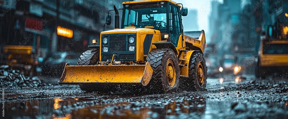 Yellow Construction Bulldozer Driving on Muddy Road in City Yellow Construction Bulldozer Driving on Muddy Road in City