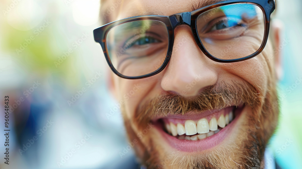 Closeup portrait handsome bearded man with glasses at street, smiling and cheerful, fashionable or attractive, modern and young adult, happy or laughing, standing, color and copy space. Closeup portrait handsome bearded man with glasses at street, smiling and cheerful, fashionable or attractive, modern and young adult, happy or laughing, standing, color and copy space.