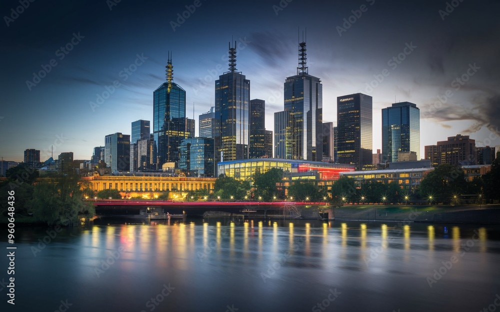 Obraz premium Melbourne City Skyline at Dusk with Ample Space for Text