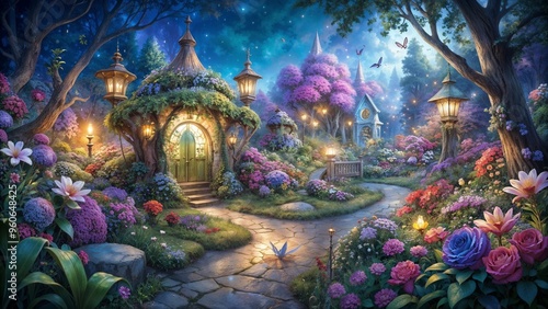 Charming enchanted garden path with whimsical houses, vibrant flowers and magical atmosphere