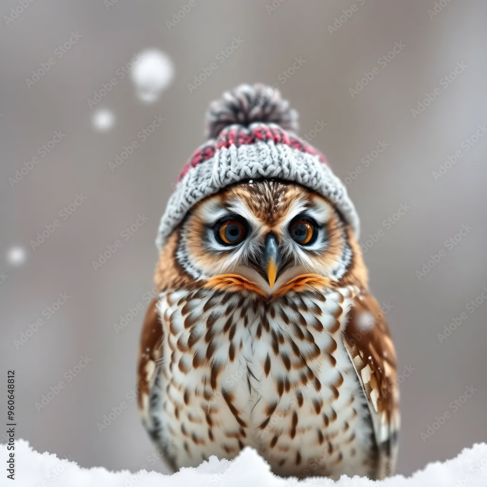Obraz premium Little owl wearing a beanie hat in the snow 
