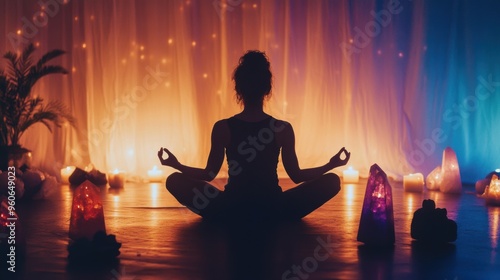 Silhouette meditating in candlelit room

