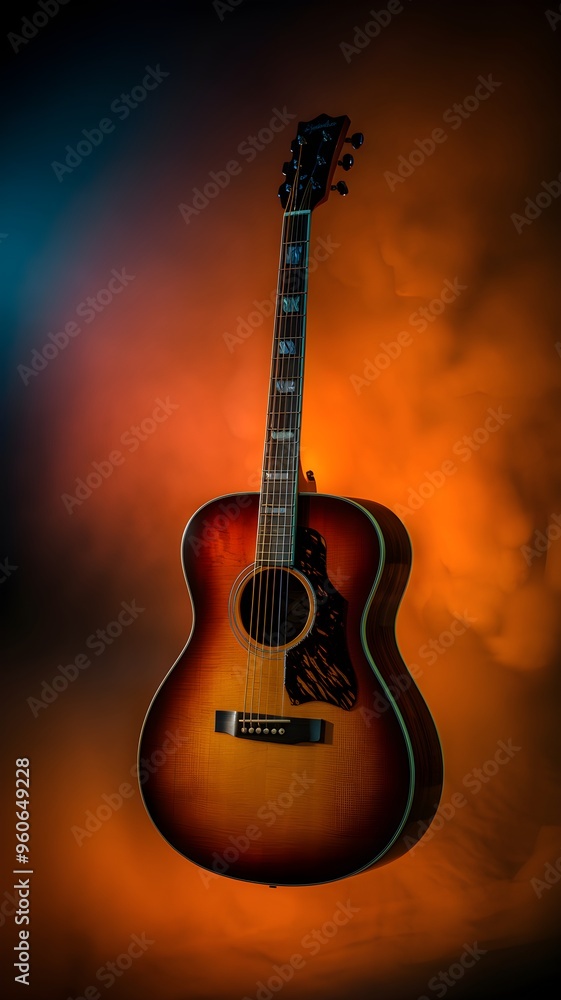 Obraz premium Acoustic guitar bathed in golden light with a dramatic blue to orange gradient Vertical Mobile Wallpaper