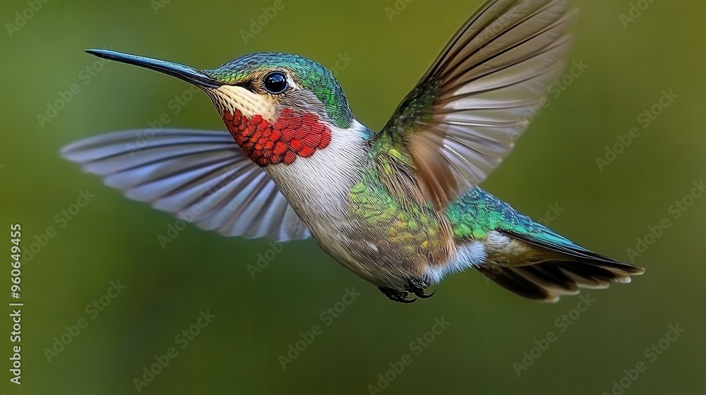 Fototapeta premium Ruby hummingbird in action, with a focus on its vivid red throat and iridescent wings on a white background