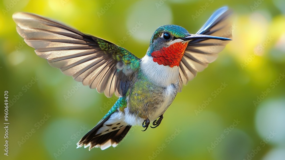 Obraz premium Ruby hummingbird in action, with a focus on its vivid red throat and iridescent wings on a white background