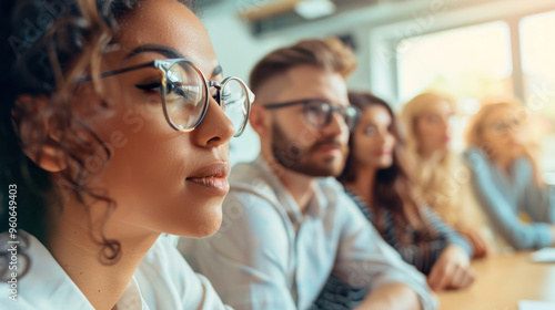 Portrait of young businesswoman in eyeglasses looking away while sitting in office. Professional woman with confidence, creativity, and entrepreneur aspirations in modern corporate job.