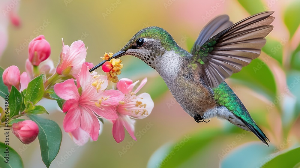 Fototapeta premium Ruby-throated hummingbird feeding from a flower, with emphasis on its vivid throat and wings on a white background