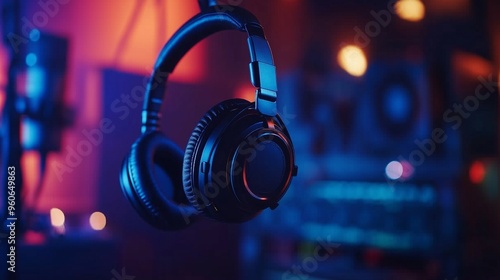 Matte black headphones hanging in a recording studio