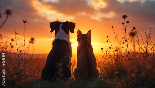 A dog and cat sitting together in a field, watching a beautiful and colorful sunset, symbolizing companionship, tranquility and the beauty of nature in harmony.