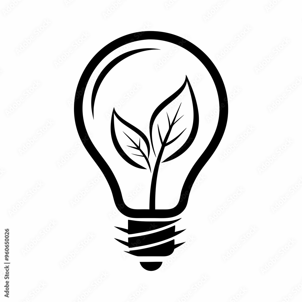 Black and white lightbulb with leaf icon, eco-friendly innovation and sustainable energy Black and white lightbulb with leaf icon, eco-friendly innovation and sustainable energy