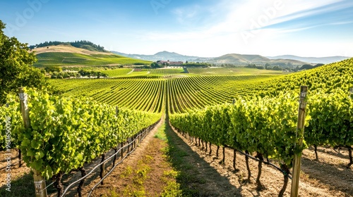 Vibrant green grapevines line the rowed fields, basking in the warm morning light, while distant hills enhance the peaceful countryside view