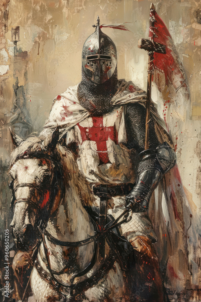 Templar knight on horseback holding a cross in medieval setting Templar knight on horseback holding a cross in medieval setting