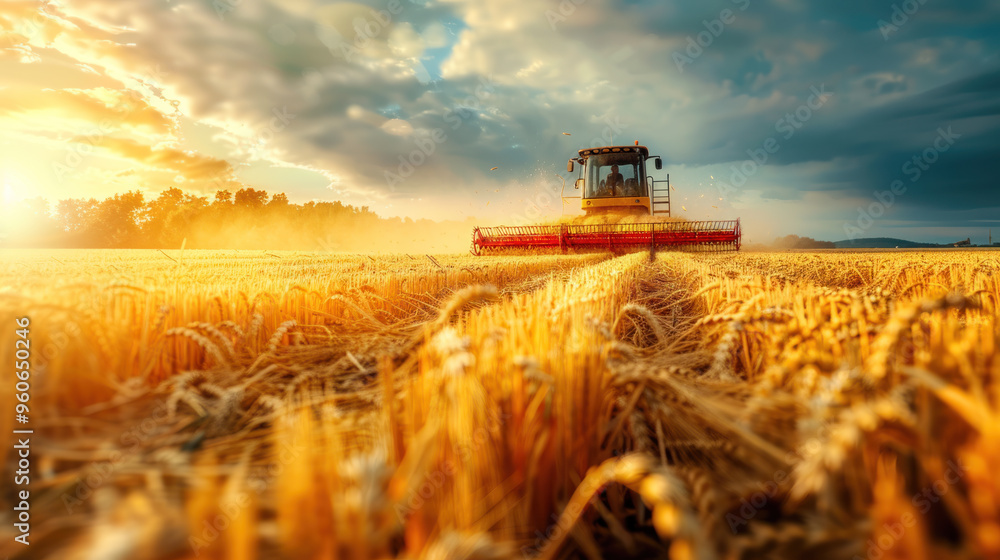 Fototapeta premium Combine harvester working on a wheat field at sunset. Agriculture machinery harvesting grain crop on rural farmland, countryside of farming occupation success