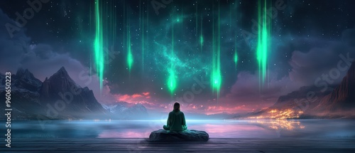 A serene scene of meditation under vibrant auroras in a tranquil landscape, evoking peace and spiritual awakening.