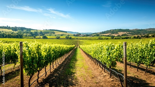 Rows of lush green grapevines create a stunning landscape under a clear blue sky, inviting visitors to explore the serenity of the vineyard