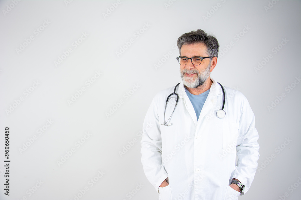 Portrait of confident mature medical doctor on blue background. Portrait of confident mature medical doctor on blue background.
