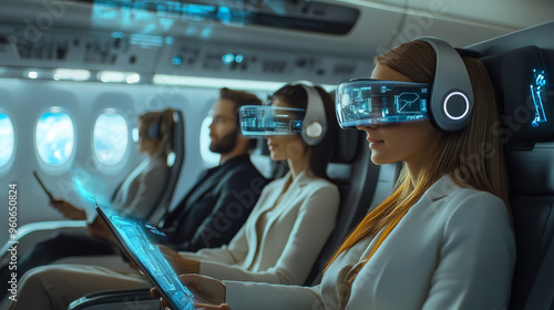 Depict the crew using advanced wearable technology, such as smart glasses or tablets, to manage cabin operations, assist passengers, and monitor the airplaneâ€™s systems in real time. photo