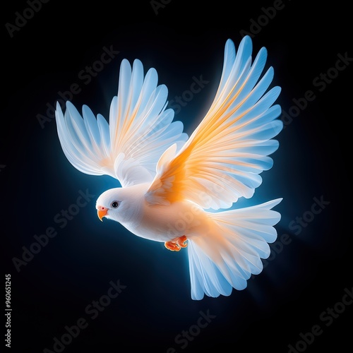 A stunning image of a dove in flight, showcasing vibrant colors and ethereal light, symbolizing peace and freedom. photo