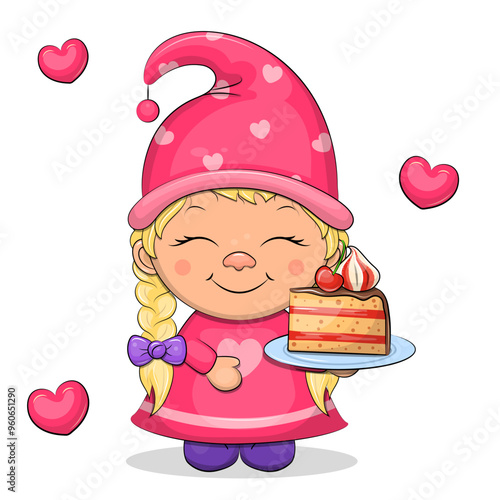 Cute cartoon gnome girl holds a plate with a piece of cake. Vector illustration of a dwarf woman and hearts on a white background.