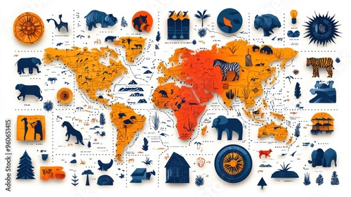 Safari map and wildlife icons on a clean white background photo