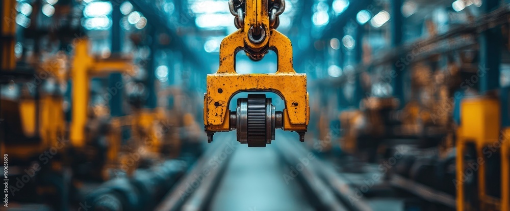 Close-up of a Yellow Crane Hook in a Factory Close-up of a Yellow Crane Hook in a Factory