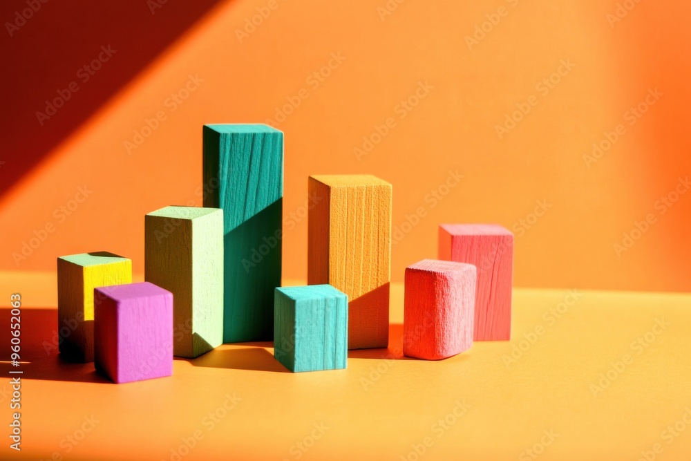An array of brightly painted wooden blocks stands tall under a warm glow, casting shadows on a bold orange background, evoking creativity and fun An array of brightly painted wooden blocks stands tall under a warm glow, casting shadows on a bold orange background, evoking creativity and fun
