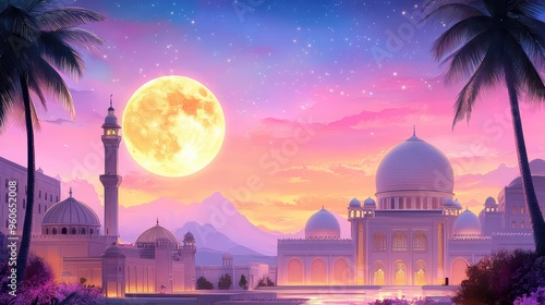 A stunning sunset over a majestic mosque, with a bright moon illuminating the serene landscape and palm trees in the foreground. photo