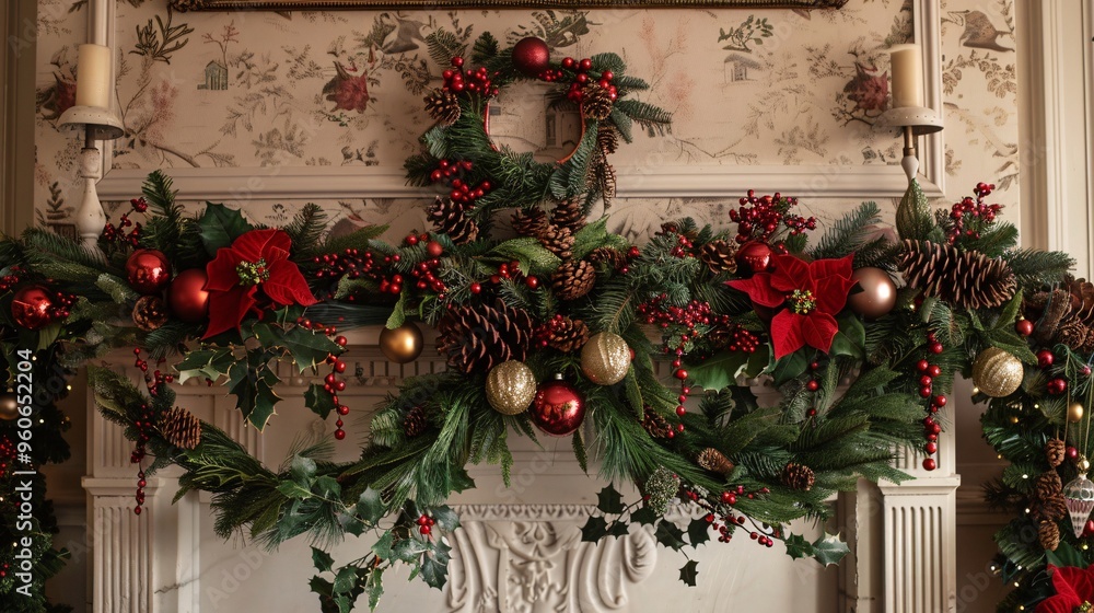 Festive Christmas Garland with Red Poinsettias and Gold Ornaments on Fireplace Mantel Festive Christmas Garland with Red Poinsettias and Gold Ornaments on Fireplace Mantel