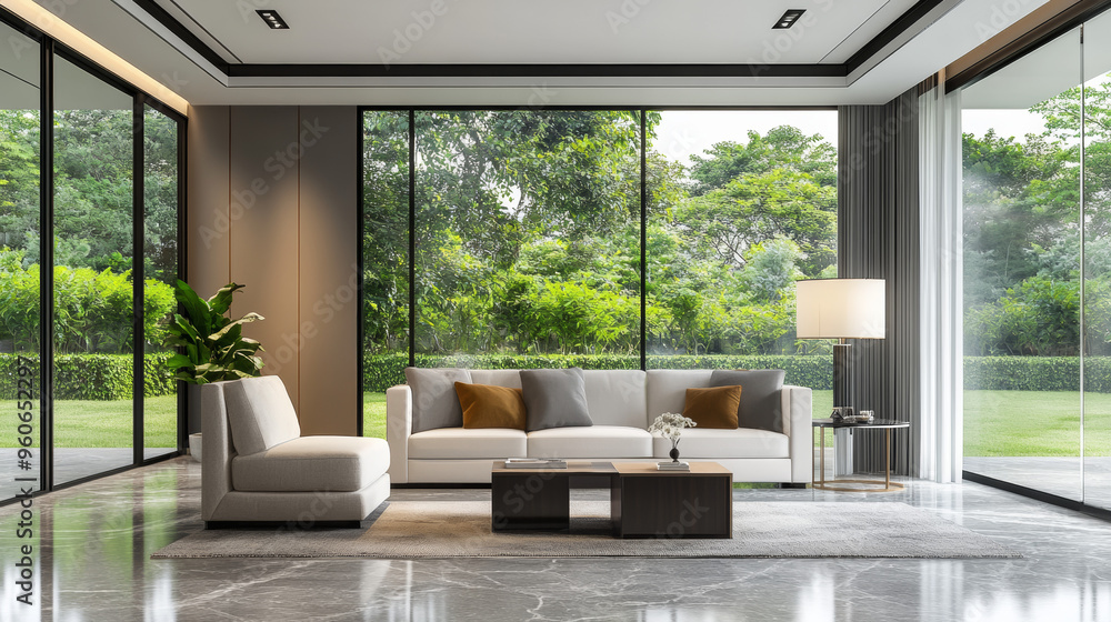 This modern living room features chic furniture and stylish decorations. It has a custom lamp and sofa, grey marble floors, and a beautiful view of the yard through the window. This modern living room features chic furniture and stylish decorations. It has a custom lamp and sofa, grey marble floors, and a beautiful view of the yard through the window.