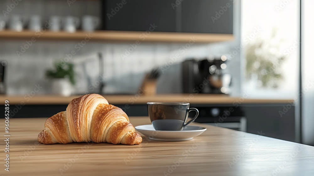 Croissant and coffee on kitchen countertop, against blurred minimalist interior with modern furniture. Selective focus at homemade pastry and tea drink in cup on wooden table, copy space, web banner Croissant and coffee on kitchen countertop, against blurred minimalist interior with modern furniture. Selective focus at homemade pastry and tea drink in cup on wooden table, copy space, web banner
