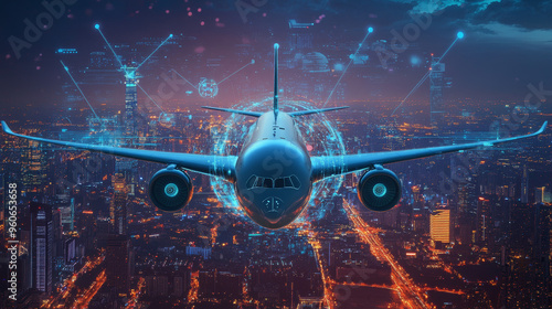 the smart airplane collaborates with other aircraft and air traffic control through advanced communication systems,optimizing flight paths and improving air traffic management