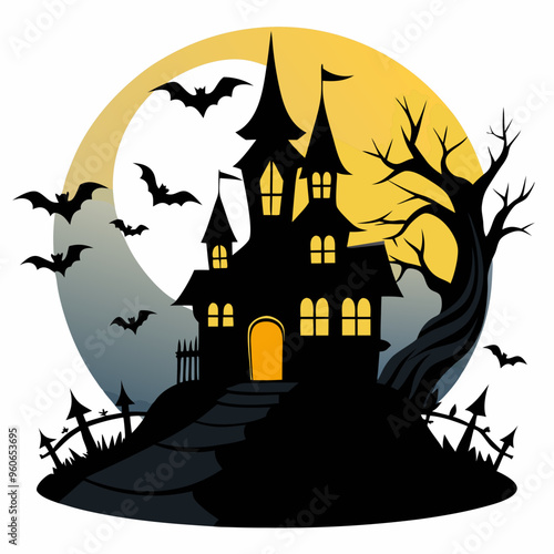 Halloween background with house and pumpkin. A haunted house silhouette with bats flying in front of a full moon on white background 