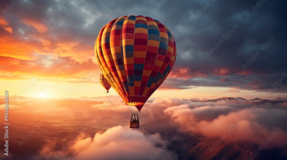 Colorful hot air balloons flying over mountain. Neural network ai generated art Colorful hot air balloons flying over mountain. Neural network ai generated art