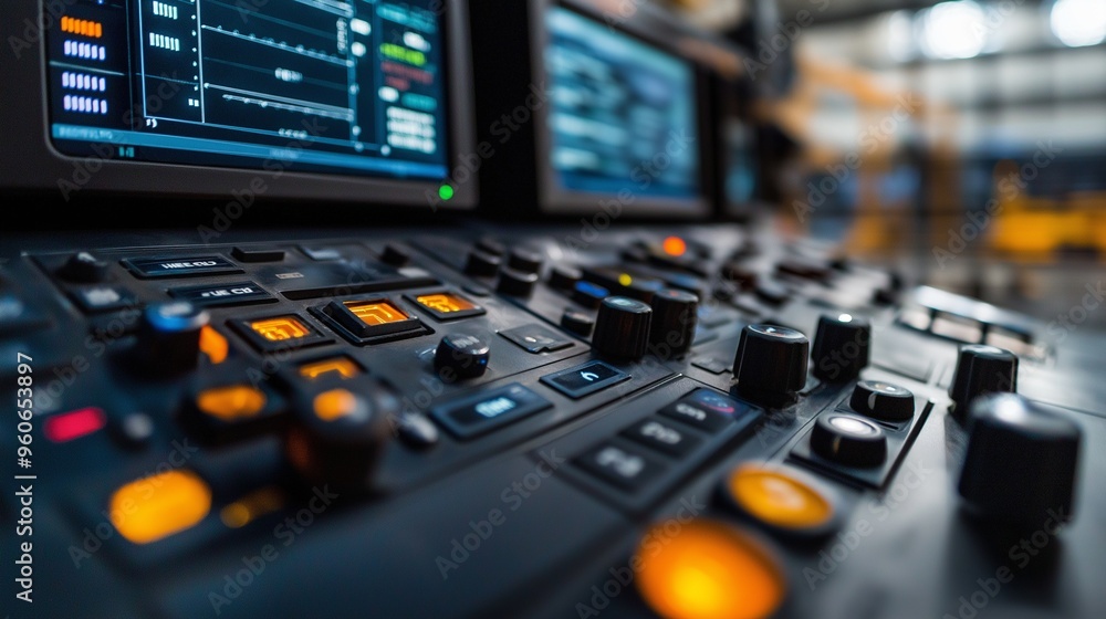 close-up of a control panel, with buttons, switches, and digital displays monitoring the operation