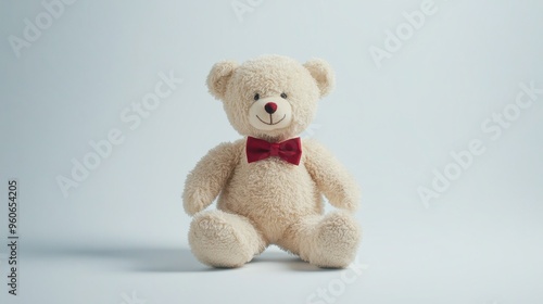 Medium Shot of Classic Teddy Bear with Red Bow - Adorable Stuffed Animal Toy Photo