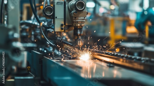 detailed view of a machine in operation, with moving parts, sparks, and workers