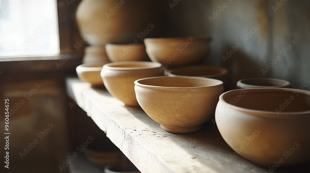 Earth-toned clay pottery displayed on a shelf in an artisan workshop Earth-toned clay pottery displayed on a shelf in an artisan workshop